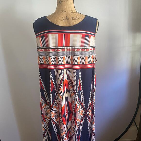 Retro Roaman’s Aztec Print Maxi Dress 22/24 Navy Red Striped Boho Chic Festival - Picture 7 of 17